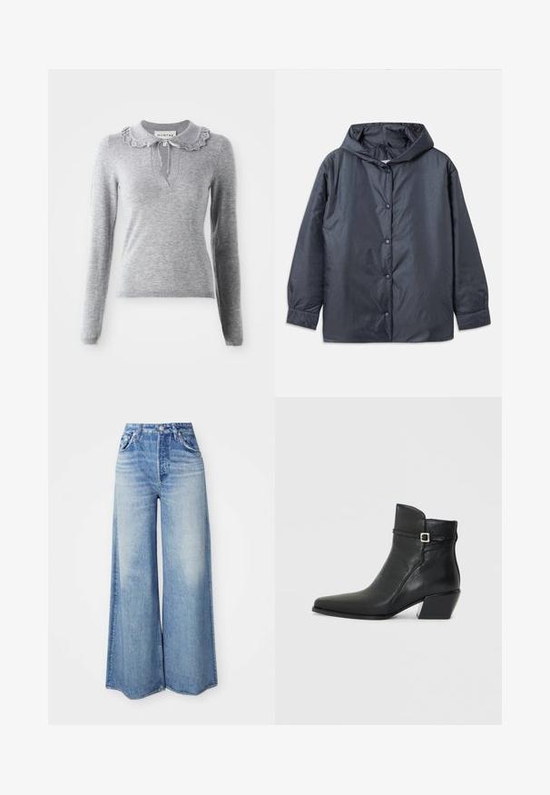 Temno siva lahka jakna s kapuco, gumbi na pritisek in elastičnimi manšeti. Gladka, mat površina in sproščen kroj.; Sivkasta pleteno pulover s volanastim ovratnikom, dolgimi rokavi in V-izrezom. Ima podrobnost v obliki vrvic na ovratniku.; Široke traperice iz svetlo modrega denima, z visokim pasom, petimi žepi, izblitenim videzom in raztrganim robom.; Črne usnjene gležnjarje s koničastim vrhom, nizkim blokastim petkom in okrasnim pasom z obrobo iz srebrne zaponke. Gladka tekstura.