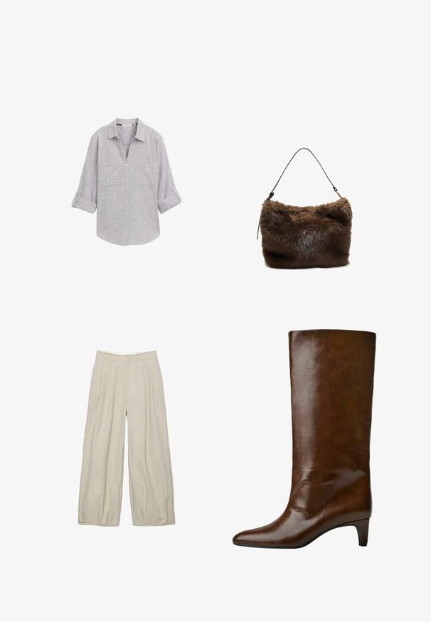 Kortärmad, kort jacka i ljusbeige tyg med en subtil textur, med en dragkedja fram och rynkade ärmar för extra form.; Ljust grå skjorta med knapp-up och rutigt mönster, två bröstfickor och uppvikt ärmar. Tillverkad av ett strukturerat tyg.; Vit kortärmad t-shirt i mjukt tyg, med rund halsringning och diskreta sömnadsdetaljer vid fållen.; Beige vida byxa med en texturerad yta, med framfickor och en figursydd midja. Inga synliga knäppningar eller fickor.; Brun läderknäskot med spetsig tå och avsmalnande klack, med en slät textur och enkel design.; Brun faux fur axelväska med en mjuk textur, platt rektangulär form och ett tunt läderrem fästad i varje ände.