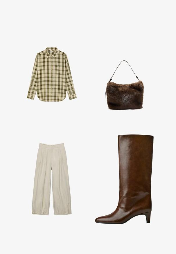 Short sleeve, cropped jacket in light beige fabric with a subtle texture, featuring a front zipper and gathered sleeves for added shape.; Button-up shirt in cream with green and brown plaid pattern. Features a classic collar and long sleeves, with a single pocket on the left chest.; Beige wide-leg trousers with a textured surface, featuring front pleats and a fitted waistband. No visible closures or pockets.; Brown leather knee-high boot with a pointed toe and a tapered heel, featuring a smooth texture and simple design.; Brown faux fur shoulder bag with a soft texture, flat rectangular shape, and a thin leather strap attached at each end.