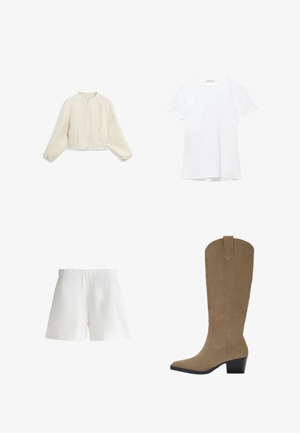 Krátký rukáv, zkrácená bunda ve světlé béžové barvě s jemnou strukturou, s předním zipem a nařasenými rukávy pro zvýraznění tvaru.; Bílý krátký rukáv tričko vyrobené z hladkého materiálu, s kulatým výstřihem a jemnými švy na lemu.; Bílé šortky vyrobené z lehkého materiálu, s elastickým pasem a volným střihem. Hladká textura bez dalších vzorů či akcentů.; Kozačky z hladké světlé semišové kůže do výšky kolen s špičatou špičkou, nasazeným podpatkem a prošíváním po stranách. Hladká textura a strukturovaný design.
