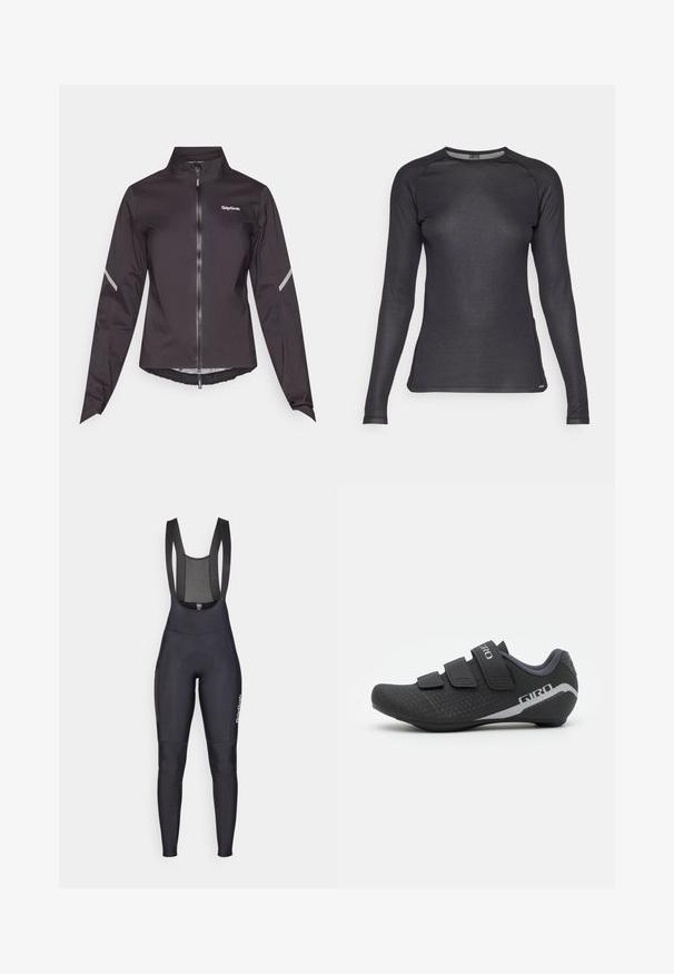 Black waterproof cycling jacket with long sleeves, high collar, front zipper, and reflective accents on shoulders. Lightweight, smooth texture.; Long-sleeved black athletic shirt made of textured, breathable fabric. Features a round neckline and raglan sleeves for ease of movement.; GripGrab THERMAL - Bib tights - black; Giro STYLUS - Cycling shoes - black