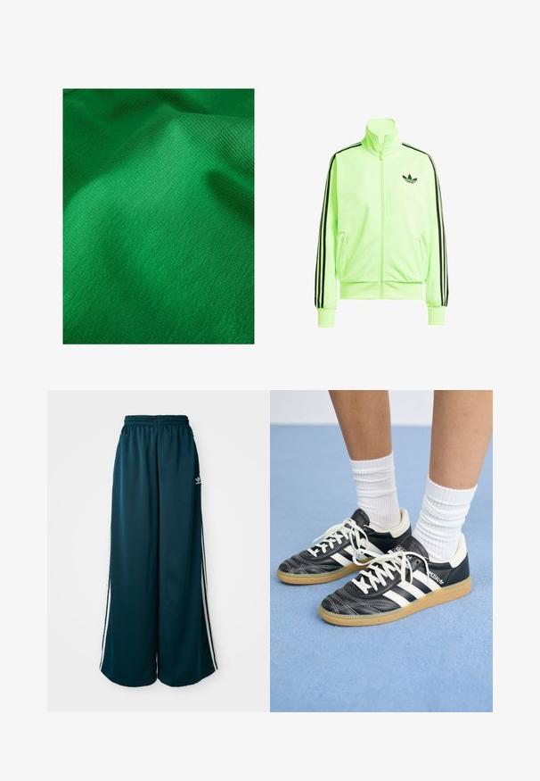 Corta-vento verde néon com fecho, feito de um tecido liso, apresentando riscas laterais pretas, punhos canelados e um logótipo da Adidas no lado esquerdo do peitoral.; Tecido verde texturizado com um padrão fino e estriado, apresentando características de superfície suave e macia. Leve brilho visível.; Calças de treino largas em teal com um cós elástico, apresentando três riscas brancas nas laterais e um logótipo da Adidas no lado esquerdo.; Sapatilhas de couro preto com riscas brancas, biqueira redonda, atacadores brancos e sola de borracha de goma. Destacadas pelo colarinho acolchoado e detalhes de marca.