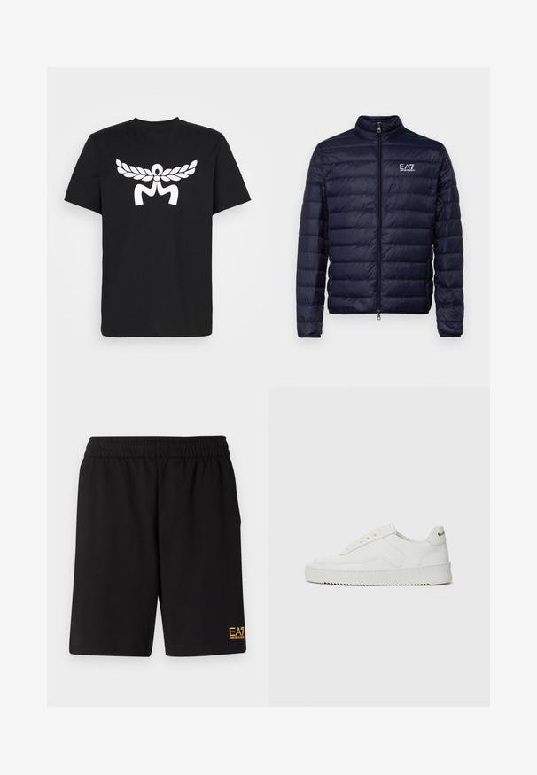 Sininen untuvatakki, jossa on vetoketju ja tikattu pinta sekä pystykaulus.Logo näkyy vasemmassa rinnassa.; Mustapaita, joka on valmistettu puuvillasta, ja jossa on edessä suuri valkoinen graafinen laakerin seppele ja abstrakteja muotoja. Lyhyet hihat ja pyöreä kaula-aukko.; Mustat urheilushortsit, jotka on valmistettu pehmeästä kankaasta. Kengissä on joustava vyötärönauha ja pieni keltainen EA7-logo vasemmassa alakulmassa.; Valkoinen nahkakenkä, jossa on sileä pinta, pyöreä kärki, tasaiset nauhat ja teksturoitu pohja. Sisältää huomaamattoman logon kantapäässä.