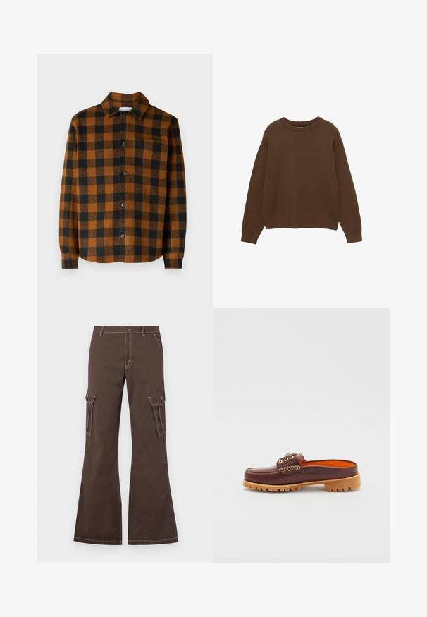 Plaid shirt in orange and black colors; made of soft fabric with a button front, collar, and single chest pocket. Features long sleeves.; Brown knitted sweater with a round neckline, long sleeves, and a relaxed fit. Smooth texture with ribbed cuffs and hem.; Brown cargo pants with flared legs, featuring side pockets, white stitching accents, and a metal button closure.; Brown leather slip-on shoe with a rounded toe, textured stitching detail, gold eyelets, and a tan, ridged outsole. Interior features bright orange.