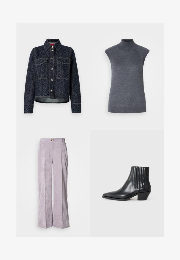 Tume sinine teksajakk lillemustriga, millel on kaks rinnataskut, hõbedased nupud ja lühendatud disain koos kergelt kulunud äärtega.; Hallituskaaluga ilma varrukateta turtleneck tops, keha libisev sobivus, sooniktekstuur, sile kanga, kõrgema kaeluse ja stiilsete õlavarre avadega.; Heledad lavendlivärviline korduroykangas püksid, millel on kõrge talje, laiad sääred ja eesolevad voldid. Omab ühte nööbi kinnitust ja õmmeldud äärt.; Must kõva nahast ankle boot terava varbaga, elastsete külgpanelide ja vertikaalsete soontega ning madala ploki kontsaga. Sile tekstuur ja stiilne disain.