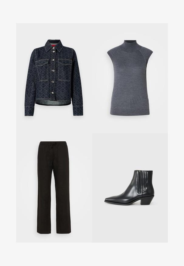 Dark blue denim jacket with a floral pattern, featuring two chest pockets, silver snap buttons, and a cropped design with a slight distressed hem.; Gray sleeveless turtleneck top, body-hugging fit, ribbed texture, smooth fabric, features high neck and stylish shoulder cutouts.; Black linen pants with a relaxed fit, featuring an elastic waistband and adjustable drawstring. Smooth texture and wide leg design.; Black leather ankle boot with pointed toe, elastic side panels with vertical grooves, and a low block heel. Smooth texture and sleek design.