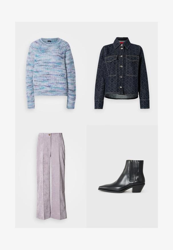 Tumši zili džinsu žakete ar ziedu rakstu, ar divām krūšu kabatām, sudraba snap pogām un īsu dizainu ar viegli nodilušu apakšmali.; Adīts džemperis gaismas zilā, violetā un akvamarīna krāsā ar teksturētu virsmu, apaļu kakla izgriezumu un ribotām piedurknēm. Nav redzamu aizdari.; Gai violetā krāsā vīkalu bikses ar augstu jostasvietu, platām kājām un priekšējiem gurniem. Iespējota vienas pogas aizdare un izšūta apmale.; Melnas ādas potītes zābaki ar izsistu purngali, elastīgām sānu paneļiem ar vertikālām grodām un zemu bloku papēdi. Gluda tekstūra un elegants dizains.