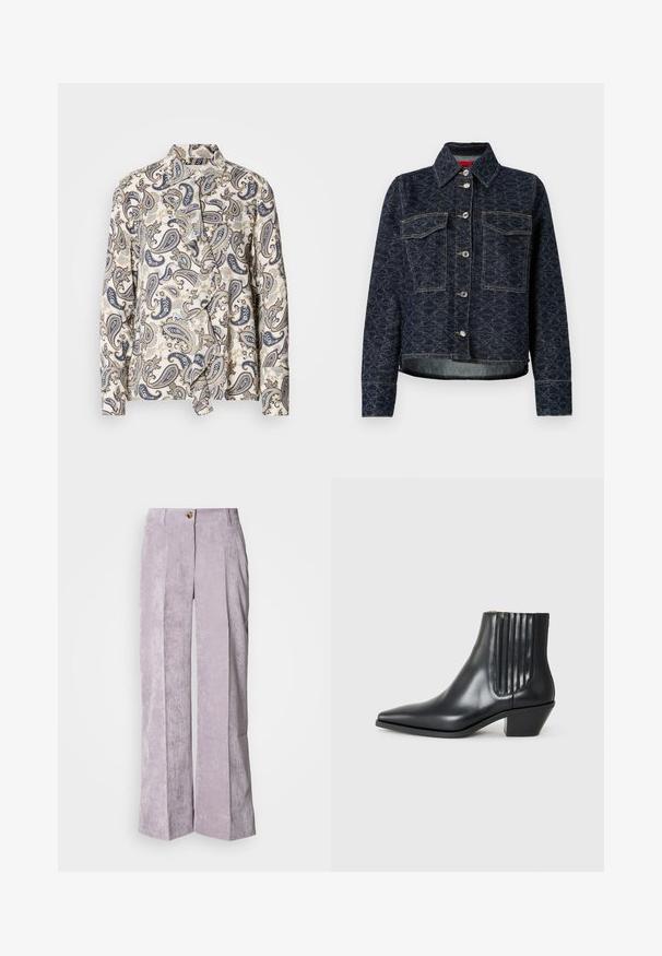 Donkerblauwe denimjack met een bloemenpatroon, voorzien van twee borstzakken, zilveren drukknoopsluitingen en een cropped ontwerp met een licht versleten zoom.; Geweven blouse met een paisley-design in marineblauw, beige en lichtblauw, gemaakt van lichtgewicht stof met een verborgen knoopsluiting en kraag.; Licht lavendelkleurige corduroy broeken met een hoge taille, brede pijpen en frontplooien. Heeft een enkele knoopsluiting en een gestikte zoom.; Zwarte leren enkellaars met spitse neus, elastische zijpanelen met verticale groeven en een lage blokhak. Glad oppervlak en slank ontwerp.