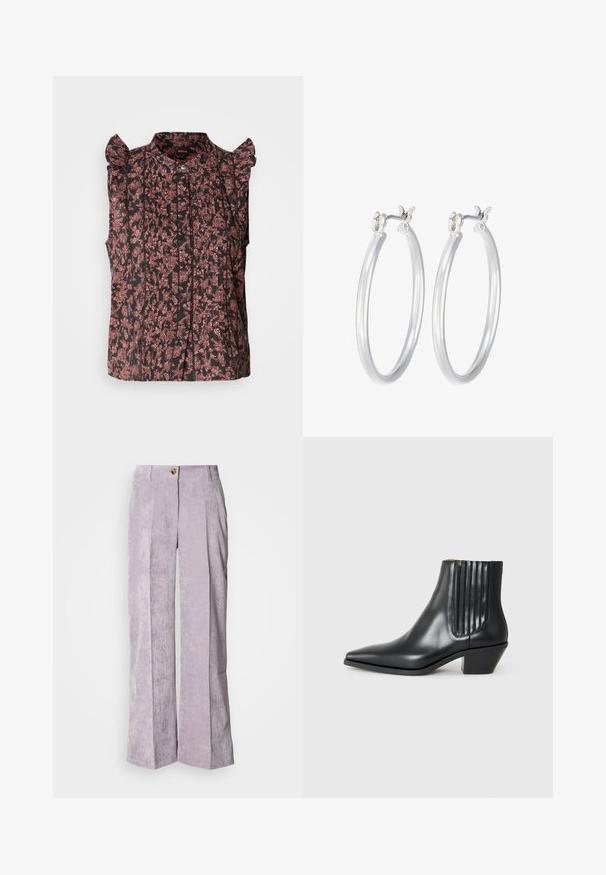 Mørkeblå denimjakke med blomstermønster, featuring to brystlommer, sølv snapknapper og et cropped design med en let slidt kant.; Sort ærmeløs bluse med rynkede skulderdetaljer, pyntet med røde blomstermønstre og lodrette folder, med en knappet front.; Lyse lavendel corduroy bukser med høj talje, vide ben og frontfald. Har en enkelt knaplukning og syet kant.; Sorte læder ankelstøvle med spids tå, elastiske sidepaneler med lodrette riller og en lav blokhæl. Glat tekstur og slankt design.; Sølv hoop øreringe med en glat, poleret overflade. Rund form og sikker klik-lukning. Letvægtsdesign, der er velegnet til hverdagsbrug.