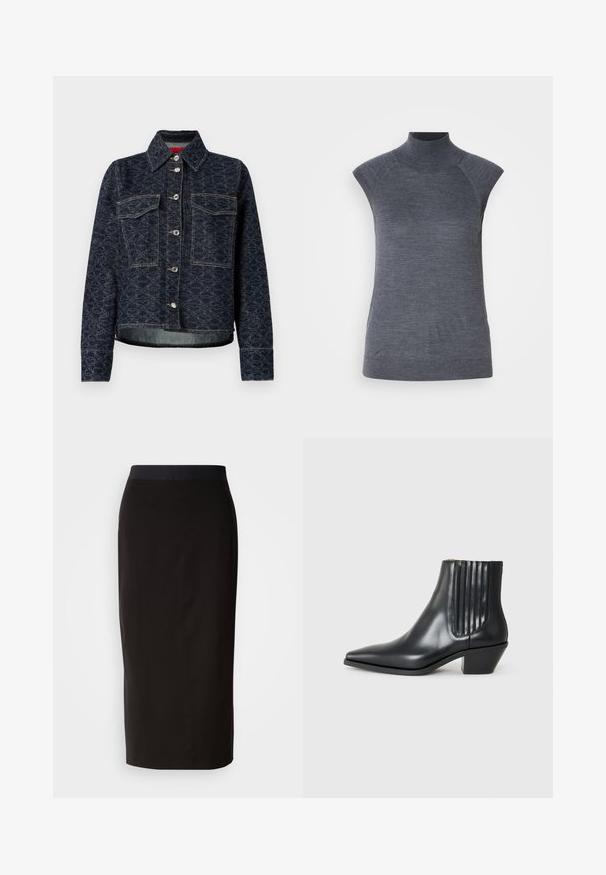 Dunkelblaue Jeansjacke mit floralem Muster, zwei Brusttaschen, silbernen Druckknöpfen und einem cropped Design mit einem leicht ausgefransten Saum.; Graues ärmelloses Rollkragenoberteil, körpernahe Passform, gerippte Textur, glattes Material, mit hochgeschlossenem Kragen und stilvollen Schulter-Ausschnitten.; Schwarzer Midirock aus dehnbarem Material, mit einem figurbetonten Design und einem bequemen elastischen Bund. Glatte Textur ohne Muster.; Schwarze Leder-Ankle-Boots mit spitzem Zehenbereich, seitlichen elastischen Einsätzen mit vertikalen Rillen und einem niedrigen Blockabsatz. Glatte Textur und elegantes Design.