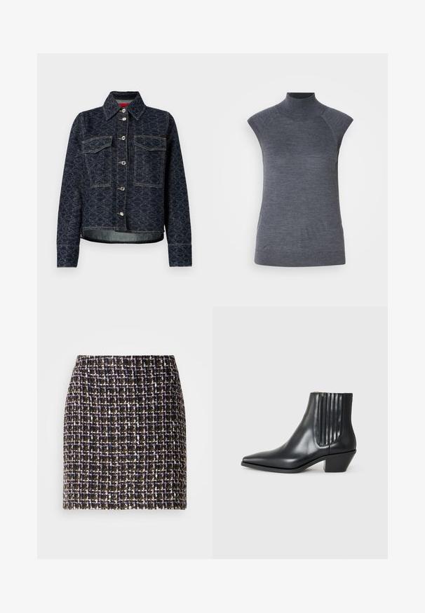 Dunkelblaue Jeansjacke mit floralem Muster, zwei Brusttaschen, silbernen Druckknöpfen und einem cropped Design mit einem leicht ausgefransten Saum.; Graues ärmelloses Rollkragenoberteil, körpernahe Passform, gerippte Textur, glattes Material, mit hochgeschlossenem Kragen und stilvollen Schulter-Ausschnitten.; Gewebter Tweedrock mit einem Karomuster in Schwarz, Lila und Goldtönen; verfügt über eine strukturierte Oberfläche und einen elastischen Bund.; Schwarze Leder-Ankle-Boots mit spitzem Zehenbereich, seitlichen elastischen Einsätzen mit vertikalen Rillen und einem niedrigen Blockabsatz. Glatte Textur und elegantes Design.