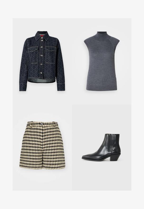 Tmavomodrá džínsová bunda s kvetinovým vzorom, má dve náprsné vrecká, strieborné patentky a skrátený strih s mierne obnošeným spodným okrajom.; Sivý bezrukávový rolák, priliehavý strih, žebrovaná textúra, hladká látka, vysoký golier a štýlové výrezy na pleciach.; BOSS TASETO - Šortky - black/off-white; Čierna kožená členková topánka s špicatou špičkou, elastickými bočnými panelmi s vertikálnymi drážkami a nízkym blokovým podpätkom. Hladká textura a elegantný dizajn.