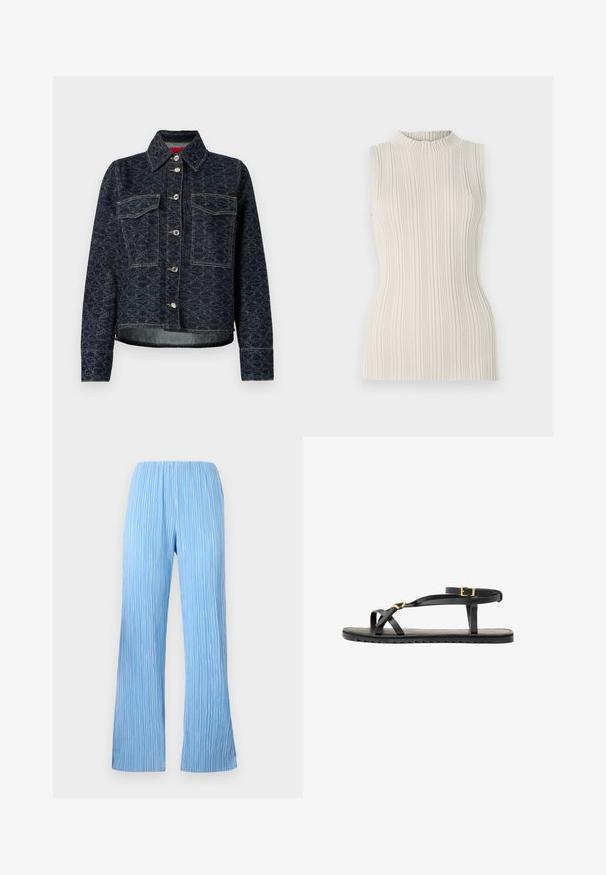 Temno modra jeans jakna s cvetličnim vzorcem, ki ima dva žepa na prsih, srebrne pritisne gumbke in skrajšan dizajn z rahlo strganim robom.; Top brez rokavov v svetli bež barvi, z ribastim teksturiranjem in visokim, nabranim ovratnikom. Prilagojena silhueta poudari obliko.; Svetlo modre plisirane hlače s širokima nogavicama, ki imajo vertikalne stripe in elastični pas za udobje. Gladek, lahek material.; Črne usnjene sandale s tankimi naramnicami in zaponko okoli gležnja. Ravna podplat s teksturirano površino in cik-cak robom. Minimalističen dizajn.