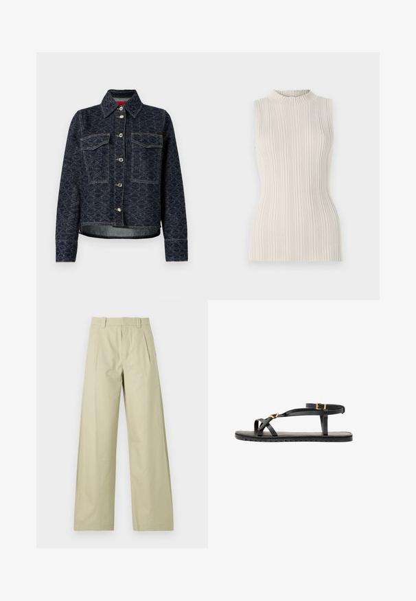 Tumši zili džinsu žakete ar ziedu rakstu, ar divām krūšu kabatām, sudraba snap pogām un īsu dizainu ar viegli nodilušu apakšmali.; Piedurknēns augšējais tērps gaišā bēšā krāsā, ar ribotu tekstūru un augstu, savilktu kakla izgriezumu. Pieguļošais siluets uzsver formu.; Platas kāju bikses gaismas bēšā kokvilnā, ar gludu priekšpusi un krokām, jostas cilpām un sarullētām malām. Gluda tekstūra un ikdienišķs dizains.; Melni ādas sandales ar plāniem siksniņām un ar sprādzi regulējamu potīšu siksnu. Plakans zole ar teksturētu virsmu un zigzaga malu. Minimalistisks dizains.