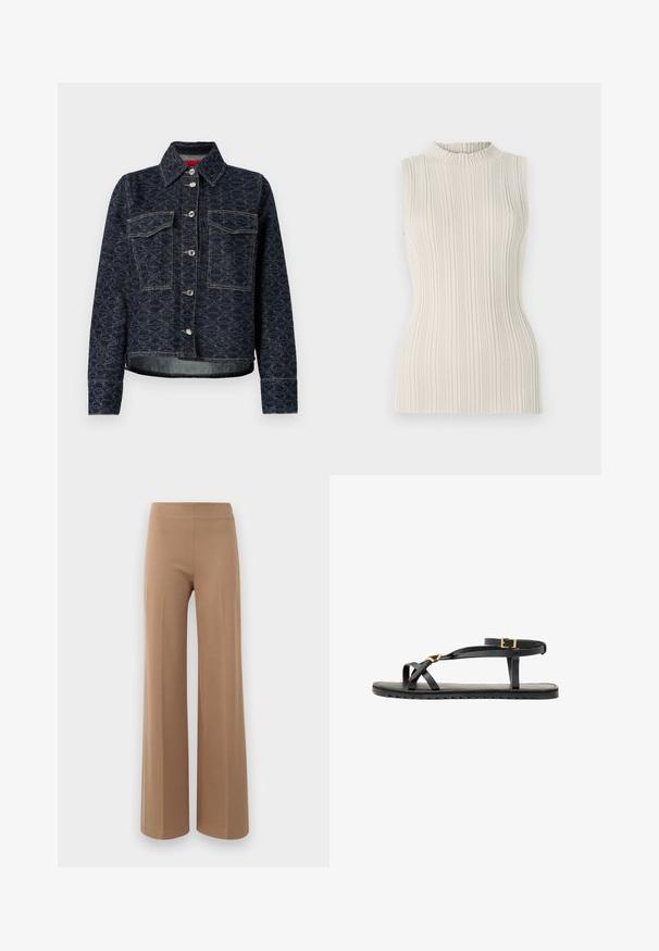 Dunkelblaue Jeansjacke mit floralem Muster, zwei Brusttaschen, silbernen Druckknöpfen und einem cropped Design mit einem leicht ausgefransten Saum.; Ärmelloses Oberteil in hellem Beige mit geripptem Stoff und einem hohen, gerafften Kragen. Die taillierte Silhouette betont die Form.; Hose mit weitem Bein in hellbraun, aus elastischem Stoff mit glatter Textur und einem hohen, elastischen Bund. Keine sichtbaren Verschlüsse oder Taschen.; Schwarze Ledersandalen mit dünnen Riemen und einem geschnallten Knöchelriemen. Flache Sohle mit texturiertem Finish und Zickzackkante. Minimalistisches Design.