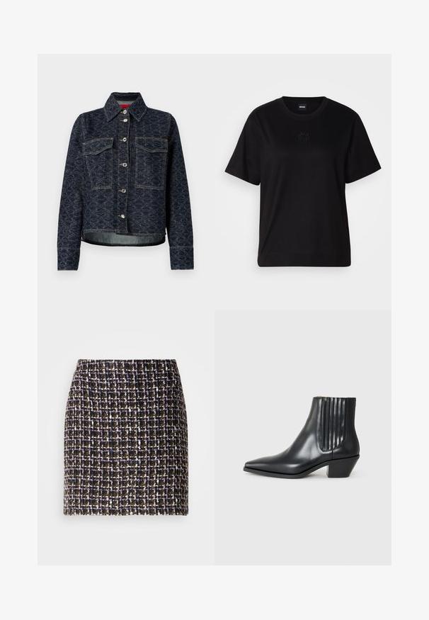 Veste en denim bleu foncé avec un motif floral, dotée de deux poches sur la poitrine, de boutons-pression en métal argenté, et d'un design courte avec un ourlet légèrement effiloché.; T-shirt en coton noir avec un col rond, des manches courtes et un logo brodé sur la poitrine. Coupe simple et décontractée sans motifs.; Jupe en tweed tissé avec un motif à carreaux dans des tons de noir, violet et or ; présente une surface texturée et une taille élastique.; Bottine en cuir noir avec un bout pointu, des panneaux latéraux élastiques avec des rainures verticales, et un petit talon bloc. Texture lisse et design épuré.
