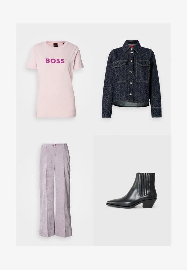 Tamsiai mėlynas džinsinis švarkas su gėlių raštu, turintis dvi krūtinės kišenes, sidabrinius spaudimo mygtukus ir trumpą dizainą su šiek tiek nusidėvėjusiu kraštu.; Šviesiai rožinė medvilnės marškinėliai su drąsiu purpuriniu "BOSS" logotipu centre. Trumpomis rankovėmis ir klasikinio apvalaus iškirpimo dizainas.; Šviesiai lavandiniai kordūrovių kelnių modeliai su aukštu liemeniu, plačiomis kojomis ir priekinėmis klostėmis. Suvienija mygtuko uždarymą ir siuvinėtą apvadu.; Juodas odinis aukšto bato konstrukcijos batas su smailiu nose, elastingais šoniniais paneleis su vertikaliomis grioveliais ir žemu blokuota pakulne. Lygi tekstūra ir elegantiškas dizainas.