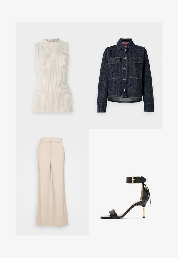 Tamsiai mėlynas džinsinis švarkas su gėlių raštu, turintis dvi krūtinės kišenes, sidabrinius spaudimo mygtukus ir trumpą dizainą su šiek tiek nusidėvėjusiu kraštu.; Šviesiai béžinė be rankovių palaidinė, su gumburu tekstūra ir aukštu, susiraukšlėtu apykakle. Prigludusi siluetas pabrėžia figūrą.; Bežiniai plačios kojos kelnes su lygiu paviršiumi, turinčios aukštą liemenį ir dvi priekinės kišenes. Švarus dizainas su pritaikytu siluetu.; Juodas odinis aukštakulnis šlepetės su kvadrato formos pirštu, kulkšnies dirželiu su auksiniu užsegimu ir liesu metaliniu kulnu. Lygus paviršius, minimalistinis dizainas.