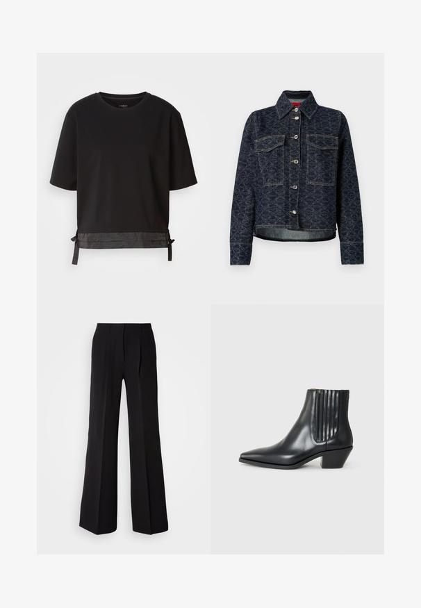 Giacca di jeans blu scuro con un motivo floreale, dotata di due tasche sul petto, bottoni a pressione argentati e un design cropped con un leggero orlo sfilacciato.; T-shirt nero a maniche corte realizzato in tessuto morbido, con un accento simile alla seta all'orlo e nodi regolabili per una vestibilità ottimale.; Pantaloni neri in tessuto liscio, caratterizzati da una vita alta, silhouette a gamba larga e due pinces frontali per un tocco di design in più.; Stivaletto in pelle nera con punta affusolata, pannelli laterali elasticizzati con scanalature verticali e tacco basso a blocco. Texture liscia e design elegante.