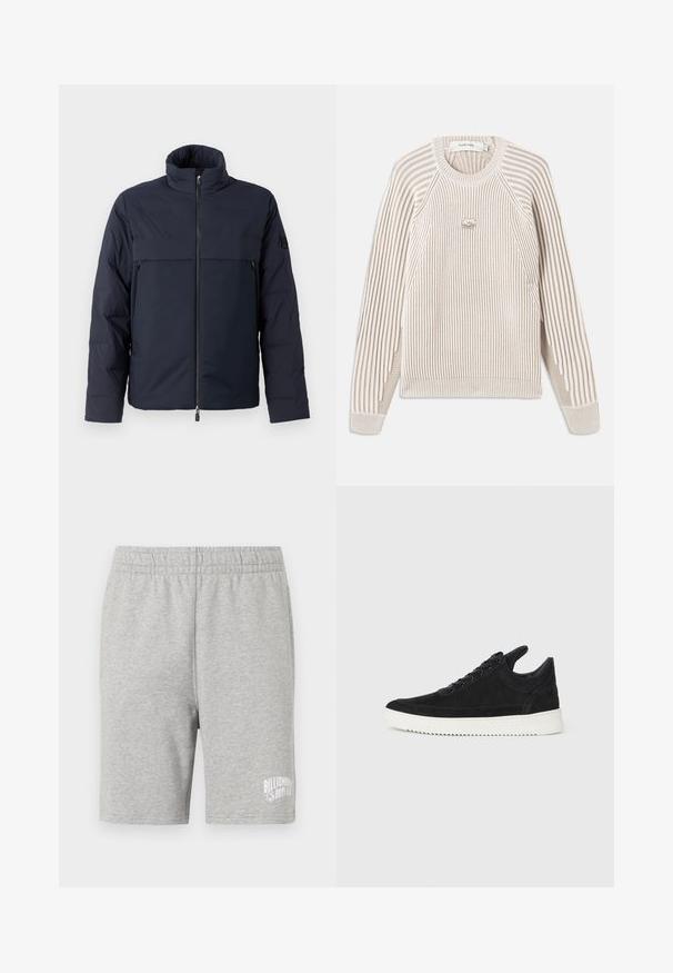 Jūrinis pūkinis džemperis su aukštu apykakle, priekyje užtrauktuku ir horizontalia kišenę krūtinėje. Lygus audinio paviršius, ant rankovės yra logotipas.; Ilgis rankovėmis megztinis, bežinės ir baltos vertikalios juostos, apvaliu kaklu ir mažu siuvinėtu logotipu ant krūtinės.; Pilkos medvilninės šortai su elastinga juostos juosta ir baltu logotipu apatinėje dešinėje pusėje. Minkšta tekstūra, iki kelių pasiūta konstrukcija.; Juodų suede sportbačių su balta gumine padu, su toniniais siuvinėjimais ir raištelių užsegimu. Sklandus paviršius su šiuolaikine, laiko forma.