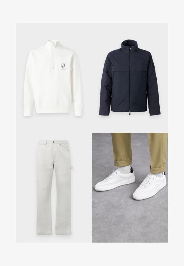 Navy puffer jacket with high collar, front zipper, and a horizontal chest pocket. Smooth fabric texture, featuring a logo on the sleeve.; White zip-neck sweatshirt made of soft fabric. Features a small logo on the left chest in brown and a ribbed hem and cuffs.; Light gray trousers with a straight fit, made of smooth cotton fabric, featuring front pockets and a side cargo pocket.; White sneakers with a textured leather finish, rounded toe, and black heel accent. Rubber sole with small tread pattern and stitched detail.