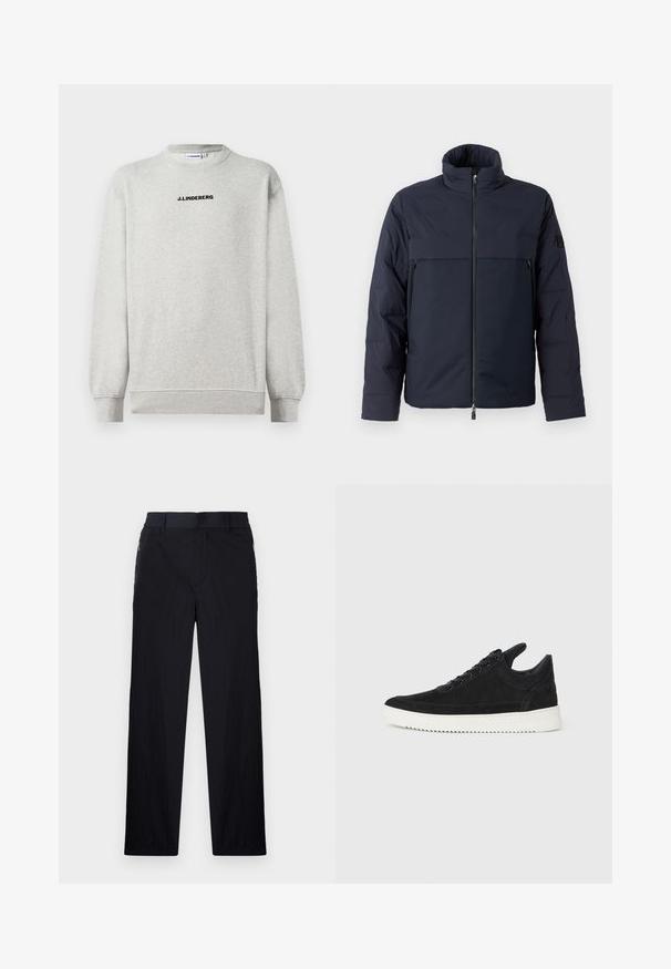 Mörkblå pufferjacka med hög krage, framsidans blixtlås och en horisontell bröstficka. Slät tygtextur med en logotyp på ärmen.; Ljusgrå långärmad tröja med rund halsringning, med ribbade manschetter och nederkant, som har svart text "J.LINDEBERG" centrerad på bröstet.; Svarta byxor med lätt, texturerad tyg, rak benmodell, elastisk midja och sidofickor med dragkedja.; Svart mockaskor med en vit gummisula, som har ton-i-ton-sömmar och snörningsdesign. Slät textur med en modern, strömlinjeformad form.
