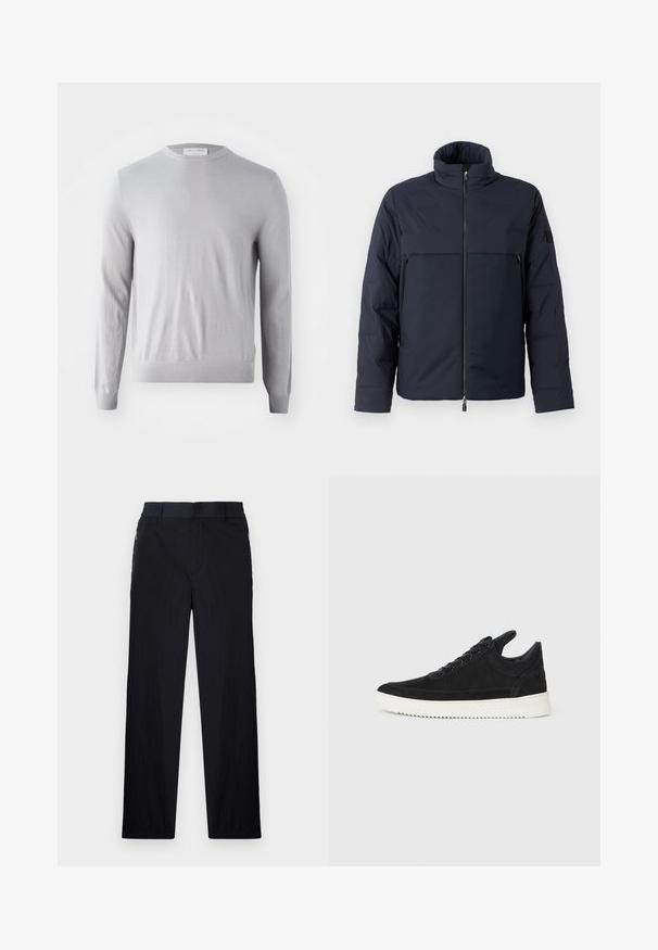 Jūras spēku pūkains jaka ar augstu apkakli, priekšējo rāvējslēdzēju un horizontālu krūšu kabatu. Gluda auduma faktūra ar logotipu uz piedurknes.; Gai pelēks džemperis ar garām piedurknēm un apaļu kakla izgriezumu, izgatavots no mīksta auduma, ar gludu virsmu un ribotām piedurknēm un apakšmalu.; Melni bikses ar vieglu, teksturētu audumu, taisnu kāju dizainu, elastīgu jostu un sānu rāvējslēdzēju kabatām.; Melna zamša apavi ar baltu gumijas zoli, ar tonālu izšuvumu un auklu dizainu. Gluda tekstūra ar mūsdienīgu, plūstošu formu.