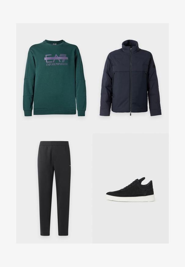 Jūras spēku pūkains jaka ar augstu apkakli, priekšējo rāvējslēdzēju un horizontālu krūšu kabatu. Gluda auduma faktūra ar logotipu uz piedurknes.; Zaļš džemperis, kas izgatavots no mīksta auduma, ar purpursarkanu grafiku, kurā redzami uzraksti "EA7" un "EMPORIO ARMANI". Riboti cimdu gali un apakša.; Melni sporta bikses, kas izgatavotas no mīkstas auduma, ar elastīgu jostasvietu, taisnām kājām un nelielu logotipa detaļu sānos.; Melna zamša apavi ar baltu gumijas zoli, ar tonālu izšuvumu un auklu dizainu. Gluda tekstūra ar mūsdienīgu, plūstošu formu.