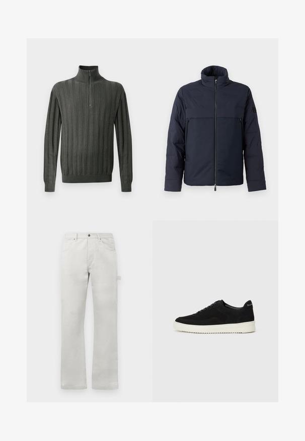 Casaco acolchoado azul-marinho com gola alta, fecho frontal e um bolso horizontal no peito. Textura de tecido suave, apresentando um logotipo na manga.; Pullover de malha verde escuro com colarinho de meia-zíper, apresentando textura de nervuras verticais e punhos ajustados. Tecido macio, design casual.; Calças cinza claro com um corte reto, feitas de tecido de algodão suave, apresentando bolsos frontais e um bolso lateral tipo cargo.; Sapatilhas de camurça pretas com design de atacadores e sola de borracha branca em contraste. Apresenta painéis laterais texturizados e uma marcação discreta no calcanhar.