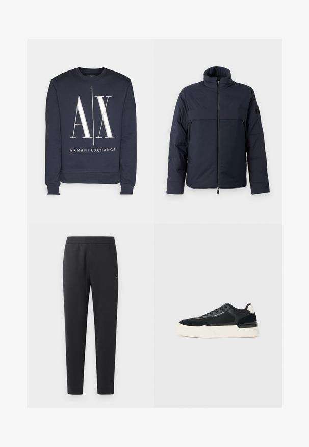 Giubbotto imbottito blu navy con colletto alto, zip frontale e tasca orizzontale sul petto. Tessuto morbido, con logo sulla manica.; Felpa blu navy con scollatura tonda, polsini a costine e un grande logo grafico bianco con il testo "AX" e "ARMANI EXCHANGE".; Pantaloni jogger neri realizzati in tessuto morbido, con vita elasticizzata, gambe dritte e un piccolo logo sulla parte laterale.; Sneaker nera realizzata in mesh e pelle, con una spessa suola bianca e dettagli a contrasto. Lacci e logo sul lato.