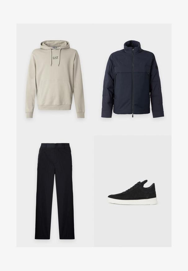 Granatowa kurtka puchowa z wysokim kołnierzem, zamkiem z przodu i poziomą kieszenią na klatce piersiowej. Gładka faktura materiału, z logo na rękawie.; Jasnobeżowa bluza z kapturem ze ściągaczem, kieszenią kangurka i logo EA7 na piersi. Tkanina wydaje się miękka o gładkiej fakturze.; Czarne spodnie wykonane z lekkiego, teksturowanego materiału, o prostym kroju, z elastycznym paskiem i bocznymi kieszeniami na zamek.; Czarne zamszowe sneakersy z białą gumową podeszwą, z tonalnym przeszyciem i sznurowanym zapięciem. Gładka tekstura, nowoczesny, smukły kształt.