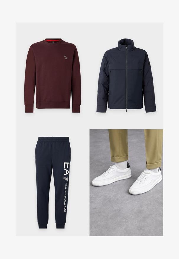 Marineblauer Pufferjacke mit hohem Kragen, Frontreißverschluss und horizontaler Brusttasche. Glatte Stoffstruktur mit einem Logo auf dem Ärmel.; Burgunderfarbener Sweatshirt aus einem weichen Baumwollmix, mit rundem Halsausschnitt, gerippten Bündchen und Saum, und einem kleinen gestickten Tierlogo auf der Brust.; Marineblaue Baumwoll-Jogginghosen mit elastischem Bund, schmal zulaufenden Beinen und kontrastierenden weißen EA7 und Emporio Armani-Logos, die entlang der Seite aufgedruckt sind.; Weiße Sneakers mit einer strukturierten Lederoberfläche, abgerundeter Zehenpartie und schwarzem Fersenakzent. Gummisohle mit kleinem Profilmuster und genähten Details.