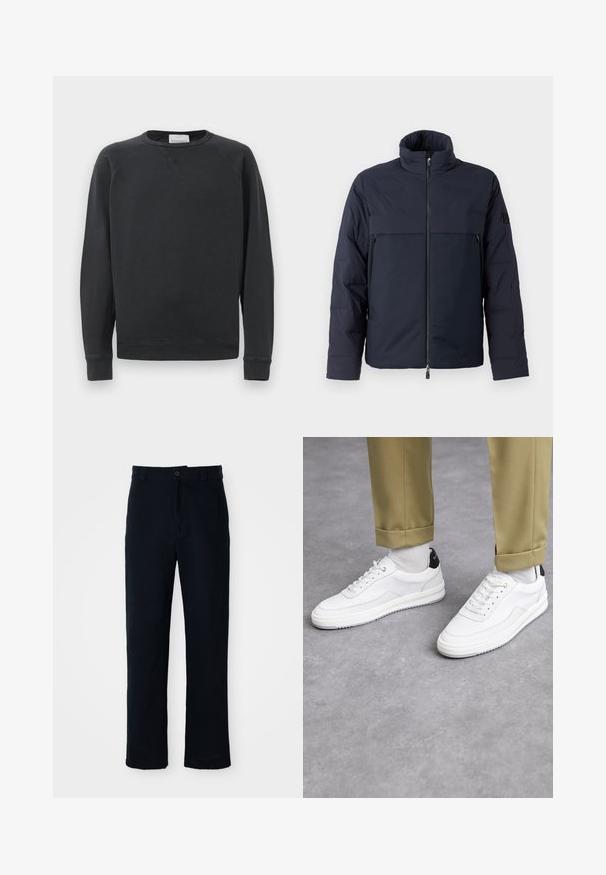 Marine blauwe pufferjack met hoge kraag, rits aan de voorkant en een horizontale borstzak. Gladde stoftextuur, met een logo op de mouw.; Zwarte lange mouw crewneck sweatshirt met geribbelde manchetten en onderrand, subtiele V-stiksel detail onder de kraag en merklabel aan de binnenkant van de hals.; Marineblauwe broeken van katoen, met een recht model, een sluiting met een knoop aan de voorkant en een klassieke tailleband met riemlussen.; Witte sneakers met een textuur van leerafwerkingen, een ronde neus en een zwarte hielaccent. Rubberen zool met een klein profiel en gestikte details.