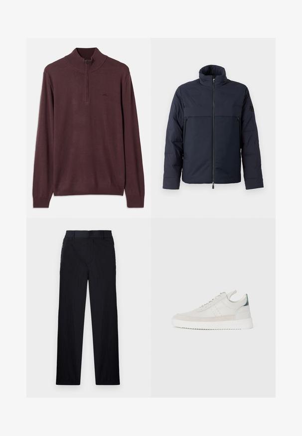 Marineblauer Pufferjacke mit hohem Kragen, Frontreißverschluss und horizontaler Brusttasche. Glatte Stoffstruktur mit einem Logo auf dem Ärmel.; Brauner Strickpullover mit langen Ärmeln, halber Reißverschlusskragen und gerippten Bündchen und Saum, auf einem weißen Hintergrund präsentiert.; Schwarze Hose aus leichtem, strukturiertem Stoff, mit geradem Bein, elastischem Bund und seitlichen Reißverschlusstaschen.; Weiße Leder-Sneaker mit grauen Wildleder-Akzenten, Schnürdesign, Zuglasche und strukturiertem Gummisohle mit Zickzackmuster.