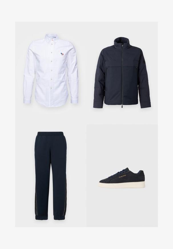 Tumed puffer-jakk kõrge kraega, esi tõmblukuga ja horisontaalse rinna taskuga. Sile kangatekstuur, millel on logo varrukal.; PS Paul Smith MENS TAILORED FIT - Pluus - whites; Tumedadella püksid pehme tekstuuriga, kitsenevad varrukaotsad ja võrgupaneelid külgedel. Elastne vöökoht mugavuse ja lõdva sobivuse tagamiseks.; Tumedat sinine seemisnahast madala profiiliga tennis, valge tossutald, tumesinised paelad ning küljes kuldne "Filling Pieces" logo.