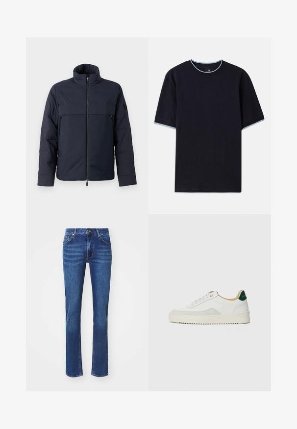 Mörkblå pufferjacka med hög krage, framsidans blixtlås och en horisontell bröstficka. Slät tygtextur med en logotyp på ärmen.; Mörkblå t-shirt med kort ärm och rund halsringning, med ljusblå detaljer vid kragen och ärmarna. Tillverkad av mjukt bomullstyg.; Mörkblå denimjeans med rak bendesign, med subtil blekning, fem fickor och knappstängning. Neutrala sömmar som detaljer.; Vit sneaker med mockadetaljer, rund tå, platta snören och en krämfärgad gummisula. Har grön branding på hälen.