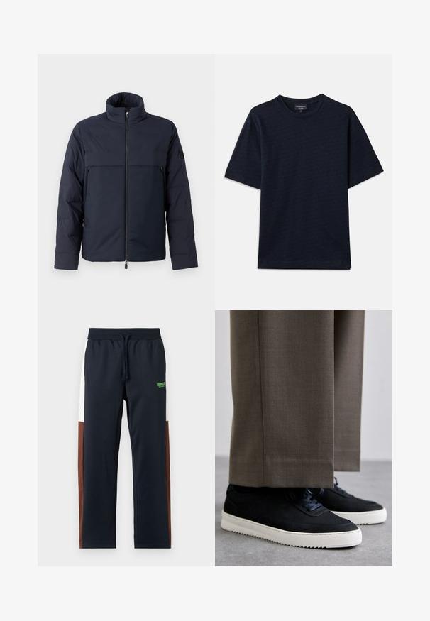 Jūras spēku pūkains jaka ar augstu apkakli, priekšējo rāvējslēdzēju un horizontālu krūšu kabatu. Gluda auduma faktūra ar logotipu uz piedurknes.; Tumši zils T-krekls ar teksturētu rakstu, apaļa dekoltē un īsām piedurknēm. Smalks logotipa elements uz krūts, izgatavots no mīksta kokvilnas auduma.; Tumši zils sporta bikses ar baltām un brūnām sānu svītrām, elastīgu jostu, auklu un zaļu logotipu pie gurniem. Mīksts, gluds materiāls.; Melni zamšaini sporta apavi ar baltām gumijas zolēm, ar noapaļotu purngalu un auklām, valkāti ar pelēkiem piegrieztiem biksēm.
