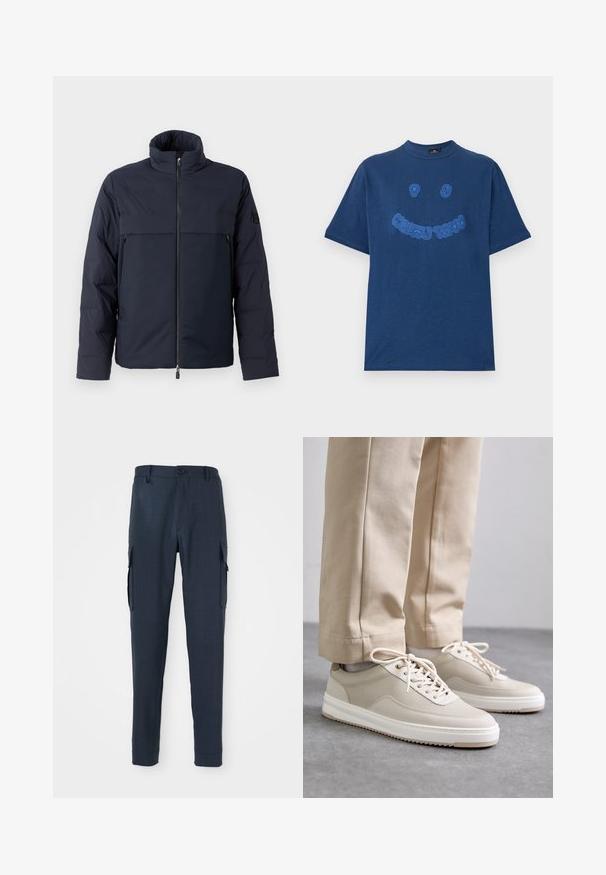 Tumed puffer-jakk kõrge kraega, esi tõmblukuga ja horisontaalse rinna taskuga. Sile kangatekstuur, millel on logo varrukal.; Tumed taevase sinise puuvillane T-särk, millel on ümmargune kaelus. Ees on sinine tikandiga graafiline tekst ja naeratav nägu. Lühikesed varrukad.; Merineeli värvi cargosid, millel on tekstuuriga kangas, slim fit lõige, nööp sulgemine talje kohal ja küljetaskud, mis lisavad funktsionaalsust.; Bežid sneaksid tekstuurse pealispinnaga, valged tallad ja tikandiga detailid, koos bežide pükstega, eksponeeritud hallil pinnal.