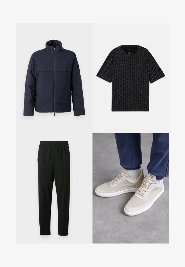 Mörkblå pufferjacka med hög krage, framsidans blixtlås och en horisontell bröstficka. Slät tygtextur med en logotyp på ärmen.; Svart T-shirt med ett strukturerat mönster av växlande 'A'-logotyper, korta ärmar och rundad halsringning. Tillverkad av lättviktsmaterial.; Svarta byxor i ett mjukt tyg; har en elastisk midja, sidofickor och en tapered ben-design. Minimalistiska och enfärgade.; Beige sneakers med texturerat material, rund tå, snörning och minimalistisk design. Vit sula med ljusbruna detaljer. Bärs med marinblå joggers.