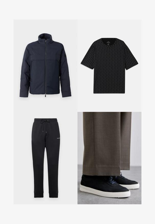 Jūras spēku pūkains jaka ar augstu apkakli, priekšējo rāvējslēdzēju un horizontālu krūšu kabatu. Gluda auduma faktūra ar logotipu uz piedurknes.; Melna t-kreklu ar teksturētu pārveidojumu, kurā mijas 'A' logotipi, īsām piedurknēm un apaļu kakla izgriezumu. Izgatavots no viegla auduma.; Melnas sporta bikses, izgatavotas no kokvilnas maisījuma, ar elastīgu jostasvietu un aukliņu, sānu paneļu akcentiem un nelielu drukātu logotipu.; Melni zamšaini sporta apavi ar baltām gumijas zolēm, ar noapaļotu purngalu un auklām, valkāti ar pelēkiem piegrieztiem biksēm.
