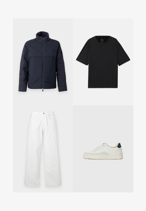 Jūras spēku pūkains jaka ar augstu apkakli, priekšējo rāvējslēdzēju un horizontālu krūšu kabatu. Gluda auduma faktūra ar logotipu uz piedurknes.; Melna t-kreklu ar teksturētu pārveidojumu, kurā mijas 'A' logotipi, īsām piedurknēm un apaļu kakla izgriezumu. Izgatavots no viegla auduma.; Baltas denima bikses ar taisno piegriezumu, kurām ir divas priekšējās kabatas un pogu aizdare. Gluda tekstūra ar nedaudz izbalējušu apdari.; Baltas sneakers ar zamša akcentiem, noapaļota purngala, plakaniem auklām un krēmkrāsas gumijas zoli. Ar zaļu zīmolu uz papēža.