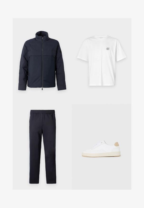 Námornícka prešívaná bunda s vysokým golierom, predným zipsom a horizontálnou náprsní kapsou. Hladký materiál s textúrou, so znakem na rukáve.; Biela tričko vyrobené z bavlny, s krátkymi rukávmi, okrúhlym výstrihom a malým šedým logom na oblasti ľavej hrude. Hladká textúra.; PS Paul Smith JOGGER ZEBRA - Tepláky - dark blue; Biele nízke tenisky s textúrovaným koženým zvrškom, krémovou drážkovanou podrážkou a akcentom v hnedej farbe na podpätku. Majú biele šnúrky a detail loga na päte.