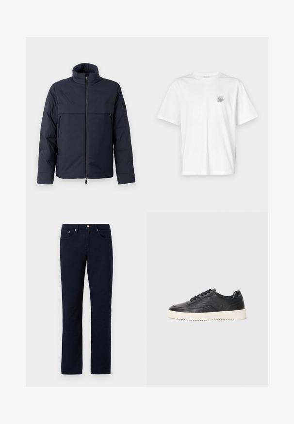 Jūrinis pūkinis džemperis su aukštu apykakle, priekyje užtrauktuku ir horizontalia kišenę krūtinėje. Lygus audinio paviršius, ant rankovės yra logotipas.; Balta medvilninė marškinėlių, su trumpomis rankovėmis, apykaklė nei per aukšta, nei per žema, ir mažas pilkas logotipas kairėje krūtinės pusėje. Lygi tekstūra.; Tamsiai mėlynos spalvos medvilniniai kelnės tiesiu sijonu. Yra penkios kišenės, užtrauktukas ir minimalūs siuvimo detalės. Lygus paviršius.; Juoda odinė sportinė avalynė su tekstūruotu paviršiumi, apvaliu nosiu ir plokščiu baltu guminiu padu. Yra juodi raišteliai ir ženklinimas ant kulno.