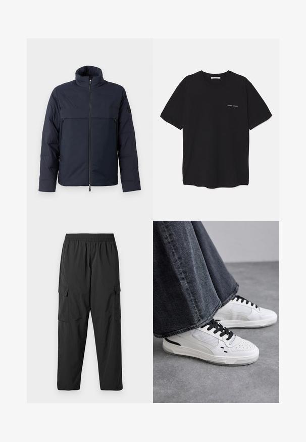 Jūras spēku pūkains jaka ar augstu apkakli, priekšējo rāvējslēdzēju un horizontālu krūšu kabatu. Gluda auduma faktūra ar logotipu uz piedurknes.; Melnas kokvilnas T-krekls ar apaļu kaklu, īsām piedurknēm un baltu logotipa uzdruku kreisajā krūtī. Vienkāršs, vienkrāsains dizains.; Melni kravas bikses, kas izgatavotas no viegla auduma, ar elastīgu jostasvietu, sānu kravas kabatām un brīvu taisna piegriezuma dizainu.; Baltas sneakers ar melnām auklām un sieta detaļām. Iekļauj gludu ādas virsu un strukturētu gumijas zoli. Pāris ar platām pelēkām džinsām.