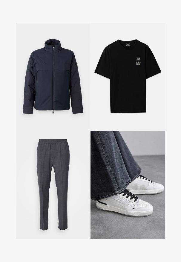 Navy puffer jacket with high collar, front zipper, and a horizontal chest pocket. Smooth fabric texture, featuring a logo on the sleeve.; Black cotton t-shirt with short sleeves, a crew neck, and a small logo tag on the front featuring care symbols in white.; Iceberg PANTALONE - Trousers - piombo; White sneakers with black laces and mesh detailing. Features a smooth leather upper and a textured rubber sole. Paired with wide-leg grey jeans.