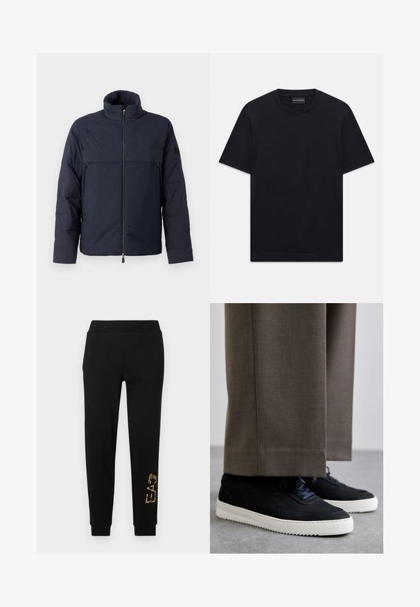 Námornícka prešívaná bunda s vysokým golierom, predným zipsom a horizontálnou náprsní kapsou. Hladký materiál s textúrou, so znakem na rukáve.; Čierne tričko s krátkym rukávom a okrúhlym výstrihom so subtilným embosovaným logom umiestneným na hrudi a značkovou nálepkou vo vnútri goliera.; Čierne teplákové nohavice s voľným strihom, zdobené zlatým grafickým motívom na dolnej časti nohavice a elastickým pásom pre pohodlie.; Čierne semišové tenisky s bielymi gumovými podrážkami, s okrúhlym prstom a šnúrkami, nosené s šedými vypracovanými nohavicami.