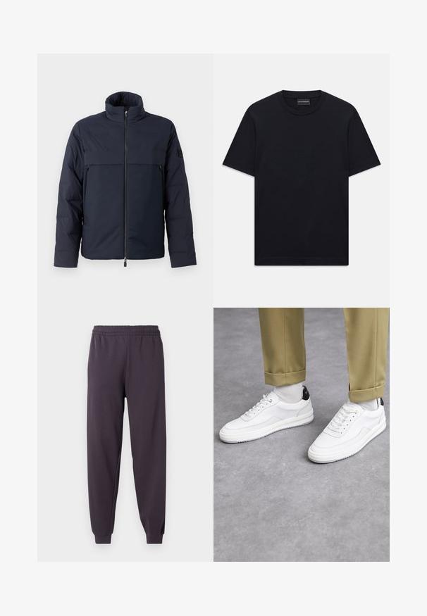 Marine blauwe pufferjack met hoge kraag, rits aan de voorkant en een horizontale borstzak. Gladde stoftextuur, met een logo op de mouw.; Zwart T-shirt met korte mouwen en ronde hals, met een subtiele, geperste logoontwerp in het midden van de borst en een merklabel aan de binnenkant van de kraag.; Donkergrijze joggers met een elastische tailleband, taps toelopende boorden, een gladde textuur en geen zichtbare zakken of versieringen.; Witte sneakers met een textuur van leerafwerkingen, een ronde neus en een zwarte hielaccent. Rubberen zool met een klein profiel en gestikte details.