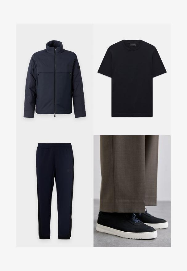 Jūras spēku pūkains jaka ar augstu apkakli, priekšējo rāvējslēdzēju un horizontālu krūšu kabatu. Gluda auduma faktūra ar logotipu uz piedurknes.; Melnas īsām piedurknēm T-krekls ar apaļu kakla izgriezumu, ar smalku iepresētu logotipa dizainu krūšu centrā un zīmola etiķeti apakšā kaklā.; Jūras spēku jogger bikses ar elastīgu jostasvietu, sašaurinātiem piedurkņu galiem un melnām sānu strīpām ar vieglu logotipa detaļu. Mīksts, viegls audums.; Melni zamšaini sporta apavi ar baltām gumijas zolēm, ar noapaļotu purngalu un auklām, valkāti ar pelēkiem piegrieztiem biksēm.