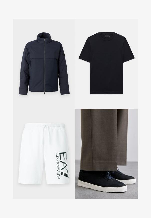 Navy puffer jacket with high collar, front zipper, and a horizontal chest pocket. Smooth fabric texture, featuring a logo on the sleeve.; Black short-sleeve crew neck T-shirt with subtle embossed logo design centered on the chest and a branded tag inside the collar.; White cotton shorts with an elastic waistband and drawstring. Features green printed logo "EA7 EMPORIO ARMANI" on the left side.; Black suede sneakers with white rubber soles, featuring a rounded toe and laces, worn with gray tailored pants.