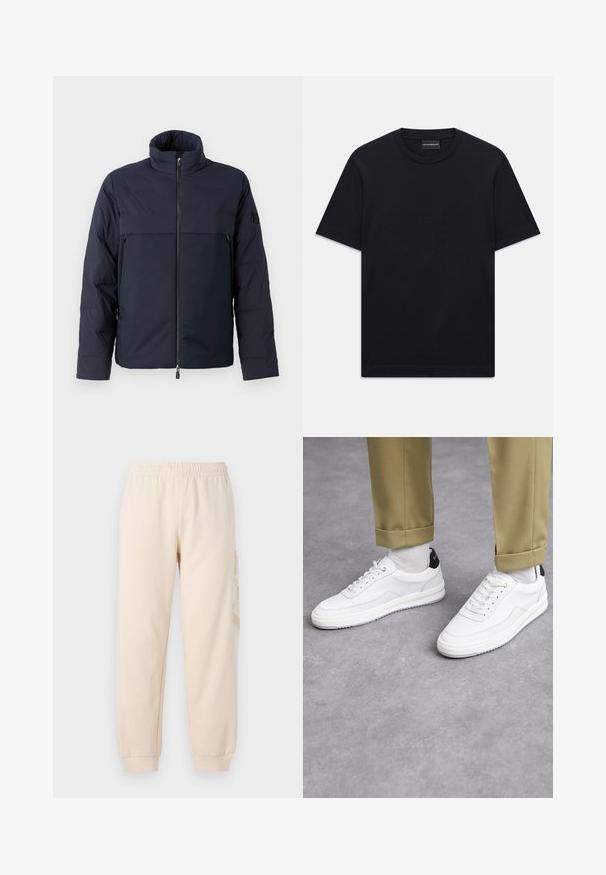 Marine blauwe pufferjack met hoge kraag, rits aan de voorkant en een horizontale borstzak. Gladde stoftextuur, met een logo op de mouw.; Zwart T-shirt met korte mouwen en ronde hals, met een subtiele, geperste logoontwerp in het midden van de borst en een merklabel aan de binnenkant van de kraag.; Beige joggerbroeken van zacht stof, met een elastische tailleband en boordjes aan de enkels. Een subtiel, reliëflogo bevindt zich aan de zijkant.; Witte sneakers met een textuur van leerafwerkingen, een ronde neus en een zwarte hielaccent. Rubberen zool met een klein profiel en gestikte details.